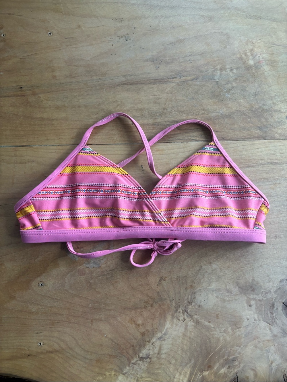 Patagonia Pink Striped Women’s Bikini Top with Yellow Accents